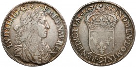 Francja, Ludwik XIV, 1/2 ecu 1671 9, Rennes Moneta ładnej prezencji, niedobita centralnie. 
 Srebro, średnica 32,2 mm, waga 13,53 g.&nbsp; Reference:...