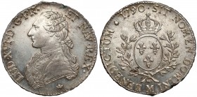 Francja, Ludwik XVI, Ecu 1790 M, Toulouse Bardzo ładny egzemplarz. 
 Srebro, średnica 40,8 mm, waga 29,13 g.&nbsp; Reference: Krause Km#564
Grade: X...