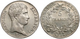 Francja, Napoleon Bonaparte, 5 franków AN 13 (1804) A, Paryż Bardzo ładna moneta.&nbsp;
Reference: Krause KM# 662.1
Grade: XF 

WORLD COINS - EURO...