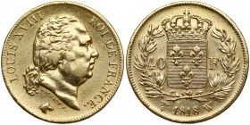 Francja, Ludwik XVIII, 40 franków 1818 W, Lille Moneta wybłyszczona.&nbsp; Złoto (Au.900), średnica 26 mm, waga 12.79 g
Reference: Krause KM# 713
Gr...