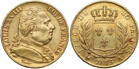 Francja, Ludwik XVIII, 20 franków 1815 A, Paryż Złoto (Au.900), średnica 21 mm, waga 6.39 g
Reference: KM# 706
Grade: VF+ 

WORLD COINS - EUROPE F...