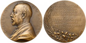 Francja, Medal, Emilio Noelting 1880-1905 W 25-lecie pracy jako nauczyciel w szkole chemii w MÜHLHAUSEN. Brąz, średnica 71,5 mm, waga 170,2 g.&nbsp; ...