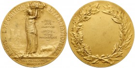 Francja, III Republika, Medal 1928, Międzynarodowa Wystawa najlepszych marek w Reims - Rzadki Brąz złocony, średnica 57,3 mm, waga 95,8 g.&nbsp; 
Gra...