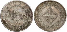 Hiszpania, Katalonia, Józef Napoleon, 5 pesetas 1809 Srebro, średnica 38,8 mm, waga 26,92 g.&nbsp; Reference: Krause KM#69
Grade: VF/VF+ 

WORLD CO...