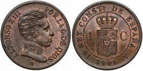 Hiszpania, Alfonso XIII, 1 centimo 1906 - PIĘKNE Odmiana z inicjałami SLV. 
Reference: Krause KM# 726
Grade: AU 

WORLD COINS - EUROPE