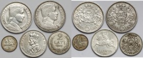 Litwa i Łotwa, 1 i 10 litów, 2 i 5 łatów 1925-1936 (5szt) 
Grade: VF/XF+ 

WORLD COINS - EUROPE Lithuania
