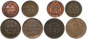 Luksemburg 2 1/2 i 5 Centimes 1854-1901, zestaw (4szt) 1901 w odmianie z BARTH. 1855 z literą A pod wieńcem. 
Reference: Krause KM# 21, 22.1 i 22.2
...