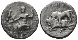 TARSOS. Cilicia. Mazaios, 361-334 B.C.
Stater. Baaltars seated l., torso facing, holding grapes, corn-ear and eagle in r. hand, scepter in l., Aramaic...