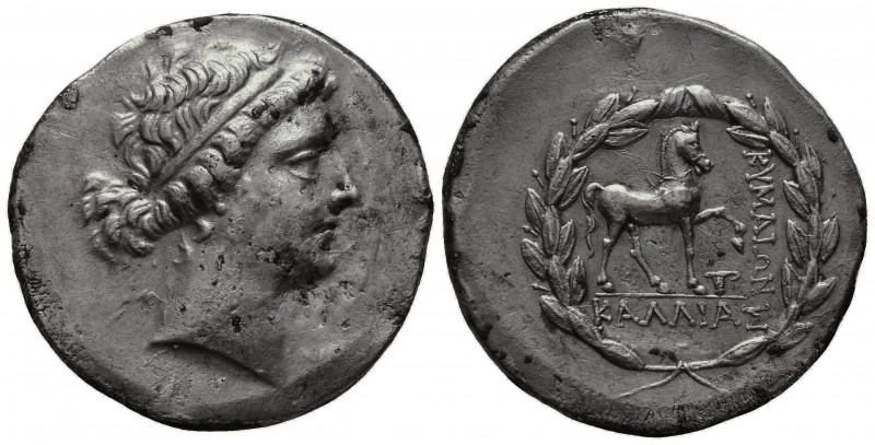 Kyme, Aeolis. AR Tetradrachmc. 165-140 BC Kallias magistrate
Obv. Head of the Am...