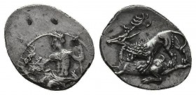 Cilicia, Satraps. Mazaios AR Obol. Tarsos, 361-334. Baaltars seated l., holding grapes, grain ear, and sceptre / Lion attacking l., bringing down stag...