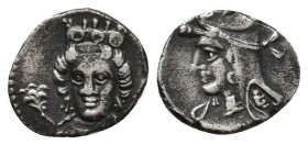 Incerti AR Obol, c. 4th century BC
Cilicia, Incerti. AR Obol. c. 4th century BC.
Obv. Female bust facing slightly left, wearing stephane.
Rev. Head of...