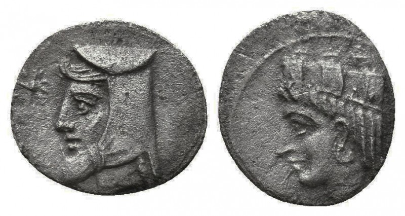 Cilicia, Uncertain. AR Obol, 4th century BC.
Obv. Turreted head of female (Tyche...