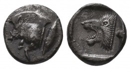 MYSIA, Kyzikos. Circa 450-400 BC.
AR Obol.
Forepart of boar left; to right, tunny upward. / Head of lion left within incuse square.
Von Fritze II 9; S...