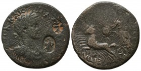 CILICIA, Diocaesarea. Caracalla. AD 198-217. Æ. Laureate, draped, and cuirassed bust right; c/ms: winged thunderbolt in incuse oval and eagle standing...