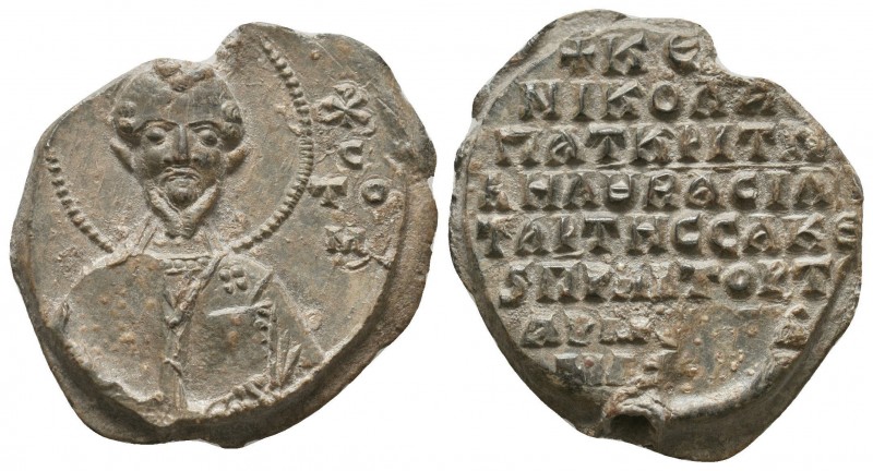 Byzantine lead seal of Nicholaos patrikios, judge of the velon, in charge of the...