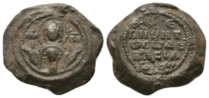 Byzantine lead seal of Basileios officer
(ca 12th cent.)
Obverse: Bust of the Mo...