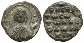Byzantine lead seal of Theodorakis officer
(ca 12th cent.)
Obverse: Bust of the Mother of God, facial, nimbate, wearing chiton and maphorion in orans ...