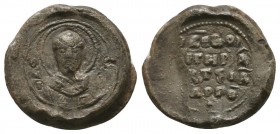 Byzantine lead seal of Argyrios (?) 
protostrator and protolargon
(ca 11th cent.)
Obverse: Bust of saint Nicholaos, facial, nimbate, in prelate's garm...
