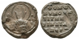Byzantine lead seal of Nicholaos officer
(ca 11th cent.)
Obverse: Bust of saint Nicholaos, facial, nimbate, in prelate's garments, sigla Ο(ΑΓΙΟC)[NIKO...