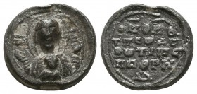 Byzantine lead seal of Photios spatharokandidatos
(ca 12th cent.)
Obverse: Bust of the Mother of God, facial, nimbate, wearing chiton and maphorion in...