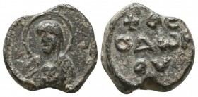 Byzantine lead seal of Theodore officer
(7th cent.)
Obverse: Bust of the Mother of God, facial, nimbate, wearing chiton and maphorion (early iconograp...