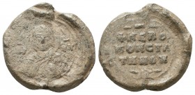 Byzantine lead seal of Constantine officer
(ca 12th cent.)
Obverse: Bust of the Mother of God, facial, nimbate, wearing chiton and maphorion in prayin...