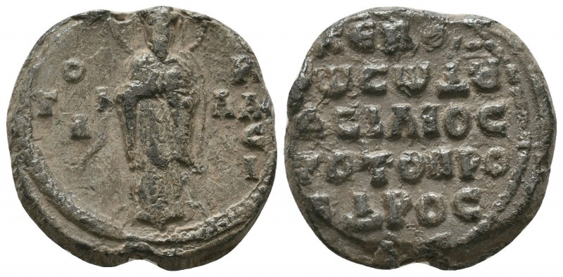 Byzantine lead seal of Basileios protoproedros
(ca 12th cent.)
Obverse: Saint Ba...