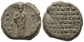Byzantine lead seal of Basileios proedros and doux 
(11th cent.)
Obverse: Saint Basileios (the Great) standing, facial, nimbate, wearing prelate's gar...