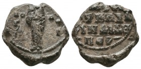 Byzantine lead seal of Basileios officer 
(11th cent.)
Obverse: Saint Basileios (the Great) standing, facial, nimbate, wearing prelate's garments, ble...