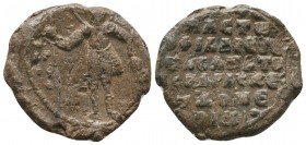 Byzantine lead seal of Philaretos Brachamios, 
protosebastos, protoproedros of the scholai of the East and domestikos
(11th cent.)
Obverse: St. Theodo...