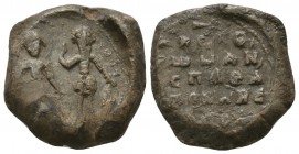 662. Byzantine lead seal of Romanos 
protospatharios and vestis (?)
(ca 11th cent.)

 

Obverse: Two military saints, the one on right saint Theodoros...