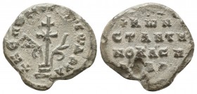 Byzantine lead seal of Constantinos 
imperial protospatharios
(10th cent.)

Obverse: Patriarchal cross on three steps with floral decoration, circular...