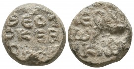Byzantine lead seal of Leontios patrikios
 (end of 7th cent.)
Obverse: Inscription in 3 lines, +ΘΕΟΤ/ΟΚΕΒ/ΟΗΘΗ (Mother of God, help), no visible borde...