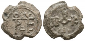 Byzantine lead seal of Petros officer
 (6th cent.)
Obverse: Block monogram, with cross inside, resolved with certainty as +ΠΕΤΡΟΥ (Of Peter, the owner...