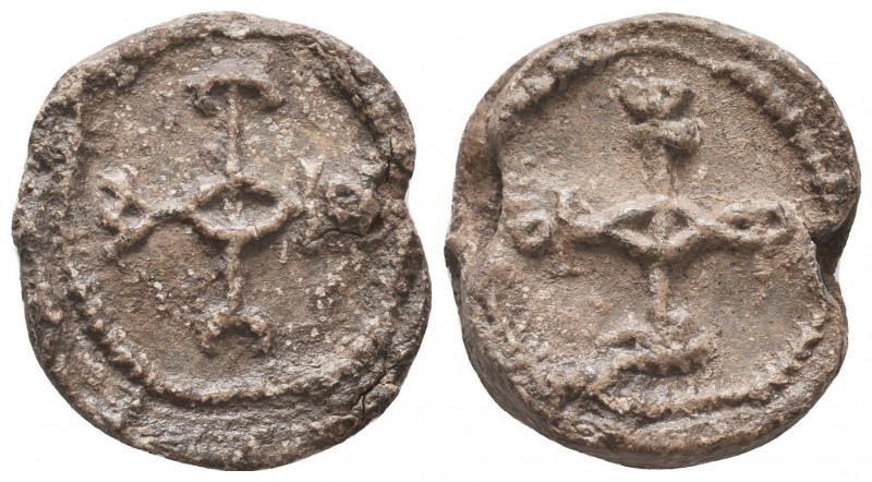 Byzantine lead seal of Eustathius officer
 (6th/7th cent.)
 
Obverse: Cruciform ...