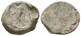 Roman uniface lead seal
(ca 1st-3rd cent. AD)

Obverse: A Greek deity to left, leaning on a column.

Reverse: Flat.

Condition: Very Fine


Weight: 10...