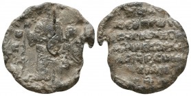 Byzantine lead seal of an uncertain officer
 (ca 11th cent.)
Obverse: Uncertain saint standing facial, wearing chiton, holding labarum and cruciger sc...