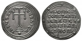Leo VI the Wise, with Constantine VII, 886-912. Miliaresion. Constantinople, 908-912. +LEON CE / CONSTANTI / N'ENX.ωEV / SEBIS bASI / LI'ROM' within t...