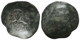 John II, 1118-1143 AD. Billon trachy. Constantinople. IC-XC to left and right of Christ, nimbate, bust facing, right hand raised, holding book of gosp...