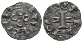 France, Feudal. Languedoc. Melgueil (bishopric). 12th-13th centuries A.D. AR denier (17 mm, 1.08 g). Imitating Narbonne. Cross formed of fasces / Four...