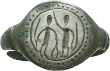 Very Beautiful Roman Silver Seal Ring with Two soldiers on bezel, Circa 1st - 3rd C. AD.


Condition: Very Fine


Weight: 3,2 gram
Diameter: 19,8 mm