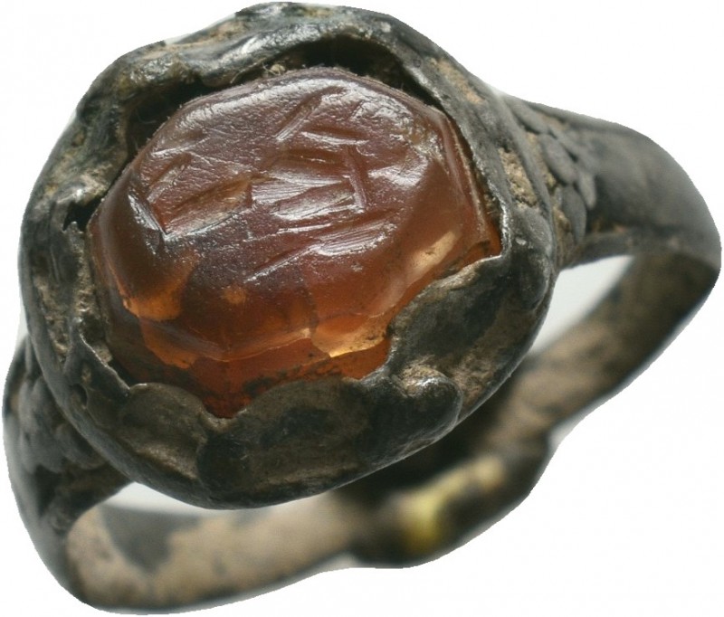 Ancient Roman silver ring with jasper intaglio on with soldier standing,

Condit...