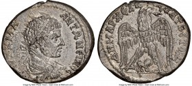 CYRRHESTICA. Hierapolis. Caracalla (AD 198-217). BI tetradrachm (27mm, 14.12 gm, 1h). NGC AU. AD 215-217. AVT•Κ•M•A•-ΑΝΤΩΝЄΙΝΟC CЄB•, radiate, draped ...