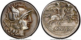 Anonymous. 207 BC. Crescent symbol series. AR denarius (18mm, 4.17 gm, 5h). NGC Choice XF, brushed. Head of Roma right, wearing pendant earring, neckl...