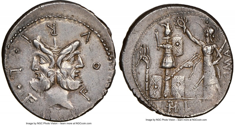 M. Furius L.f. Philus (ca. 121-119 BC). AR denarius (20mm, 3.89 gm, 1h). NGC Cho...