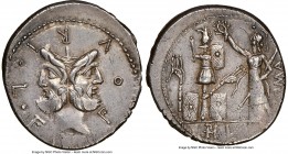M. Furius L.f. Philus (ca. 121-119 BC). AR denarius (20mm, 3.89 gm, 1h). NGC Choice XF. Rome. M•FOVRI•L•F, laureate head of Janus / PHLI (PH ligate) i...