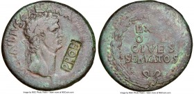 Claudius I (AD 41-54). AE sestertius (35mm, 24.95 gm, 7h). NGC VF 5/5 - 2/5, countermark. Rome, ca. AD 41-50. TI CLAVDIVS CAESAR AVG P M TR P IMP, lau...