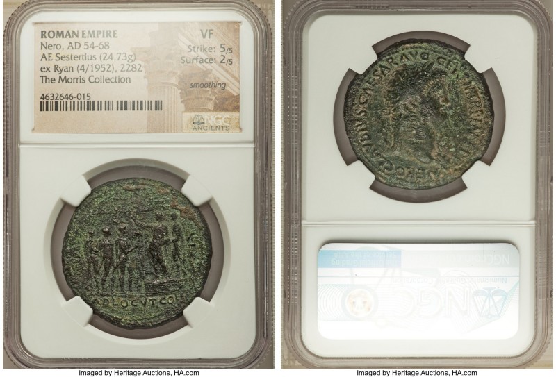 Nero (AD 54-68). AE sestertius (33mm, 24.73 gm, 6h). NGC VF 5/5 - 2/5, smoothing...