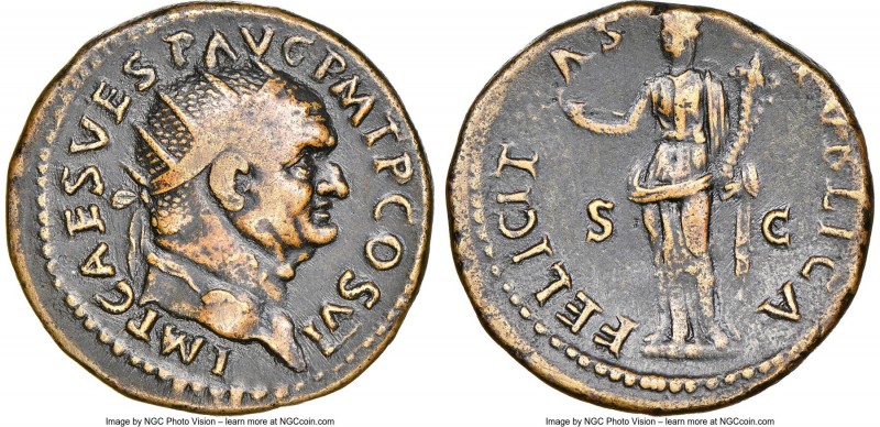 Vespasian (AD 69-79). AE dupondius (27mm, 13.42 gm, 5h). NGC VF, light marks. Ro...