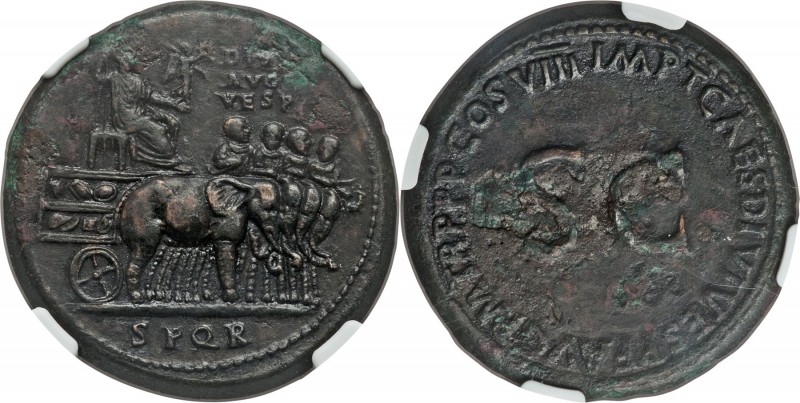 Divus Vespasian (AD 69-79). AE sestertius (34mm, 27.43 gm, 7h). NGC Choice XF 4/...